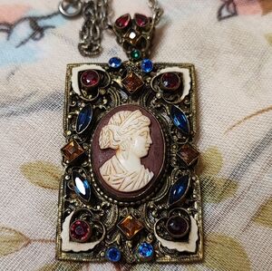 Jeweled Lava? Vintage Cameo Oversized Pendant Necklace Bezel Gemstones